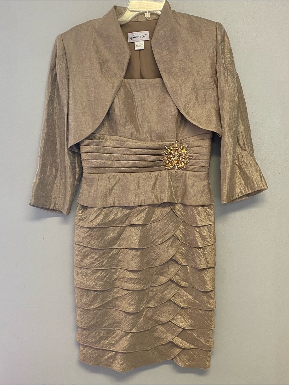 Jessica Howard Metallic Bronze Two-Piece Mini Dress with Jacket